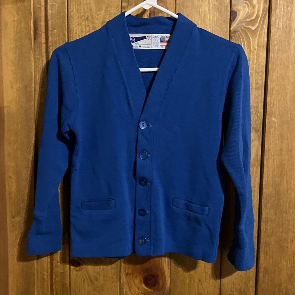 Vintage 60s School Apparel Nov. Blue Letterman Sweater USA - Kids Size 12